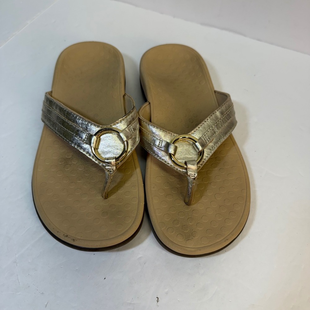 Vionic Aloe Metallic Gold Leather Orthotic Thong Sandals Womens 6 Orthaheel